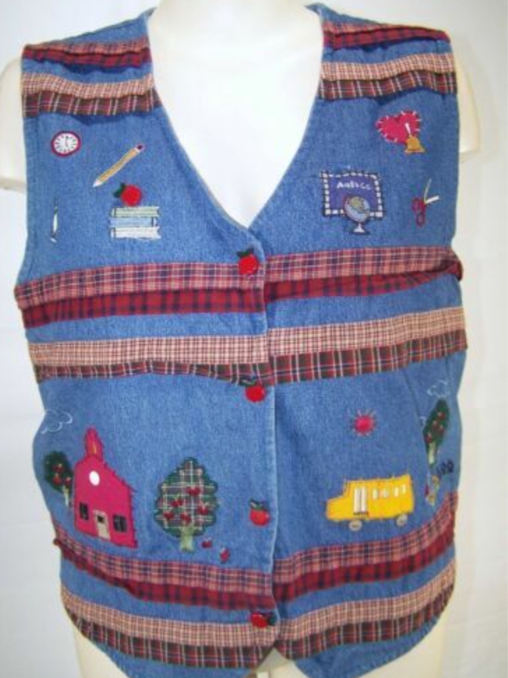 Bobbie Brooks Denim Vest with Red Plaid Trim